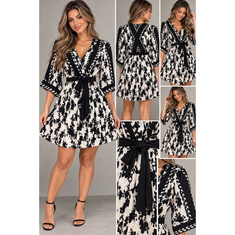 Cabi Fling Dress 6369 Black White Floral Geometric Wrap V-Neck Kimono Sleeve M